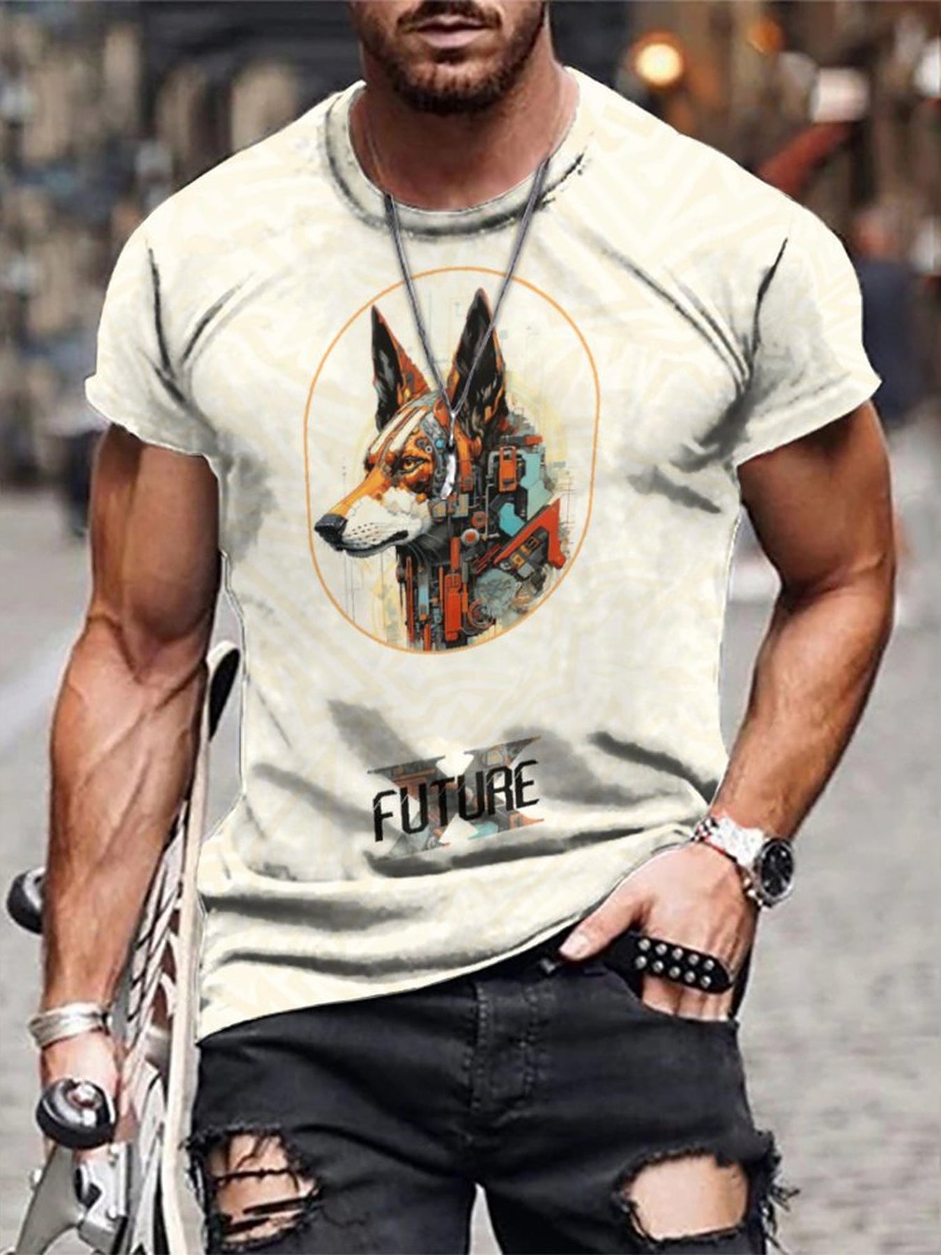 Fox & Letter 3D Print Men's Graphic Tee Short Sleeve Pullover Top