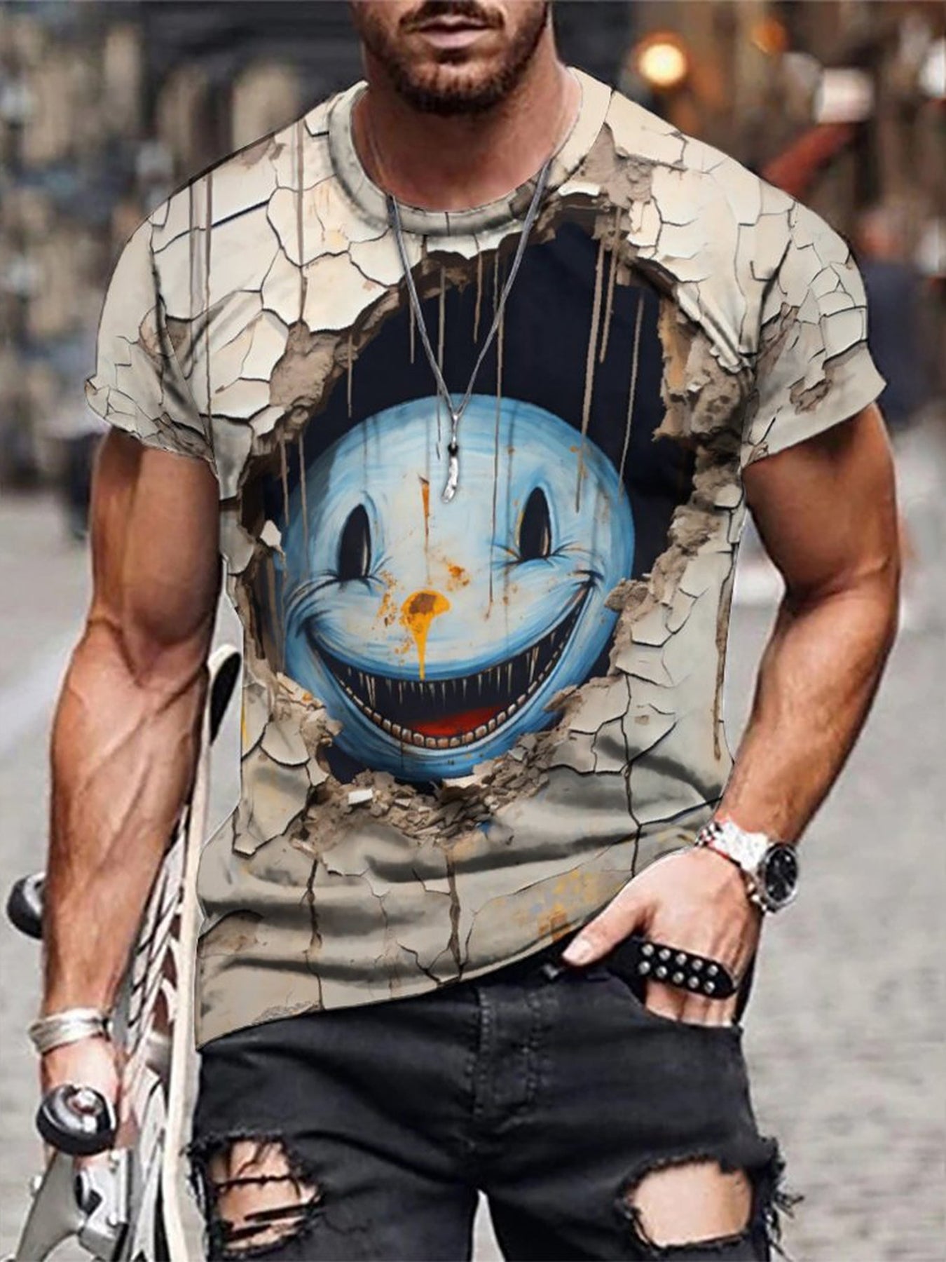 3D Scary Smiling Face Print Men's Graphic T-shirt