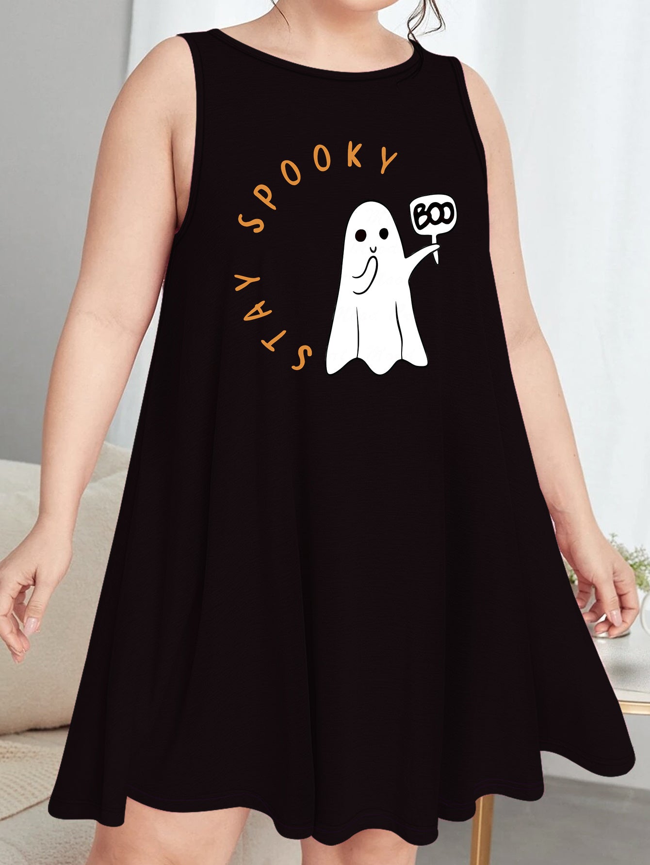 Halloween Nightdress Women's Plus Letter & Ghost Print Round Neck