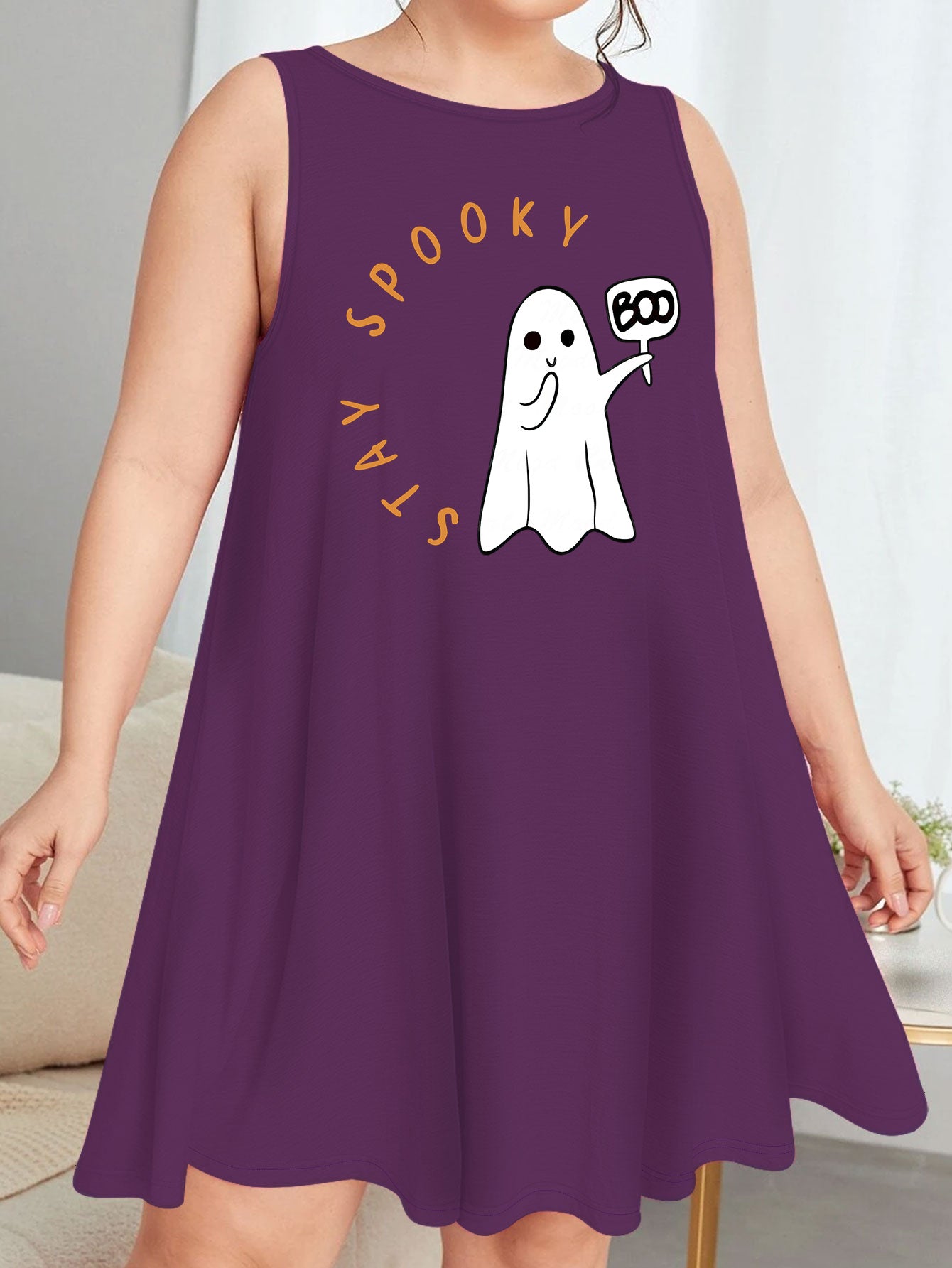 Halloween Nightdress Women's Plus Letter & Ghost Print Round Neck