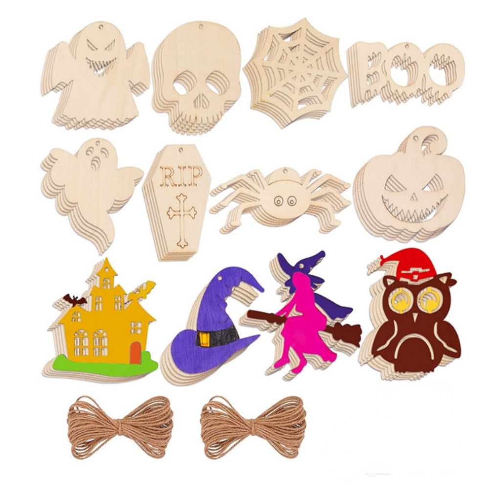 12pcs Halloween Ghost Wooden Crafts Pendant DIY Party Decoration