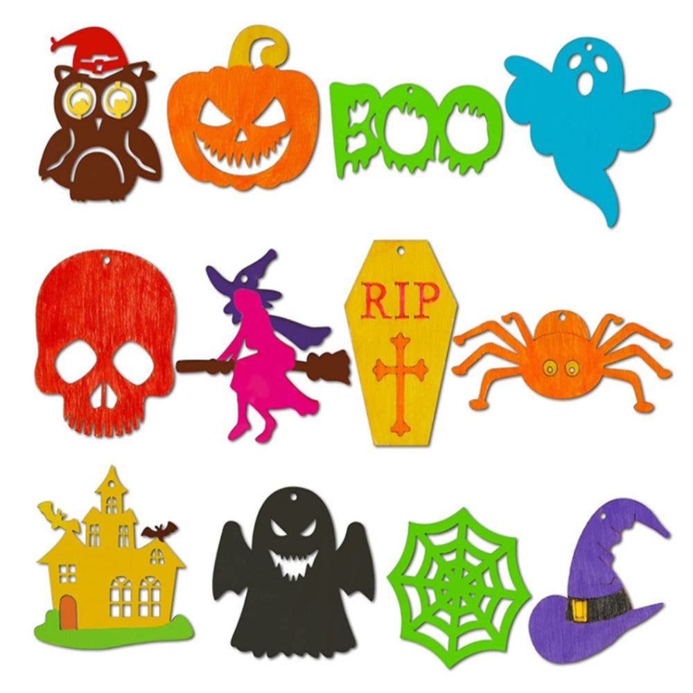 12pcs Halloween Ghost Wooden Crafts Pendant DIY Party Decoration