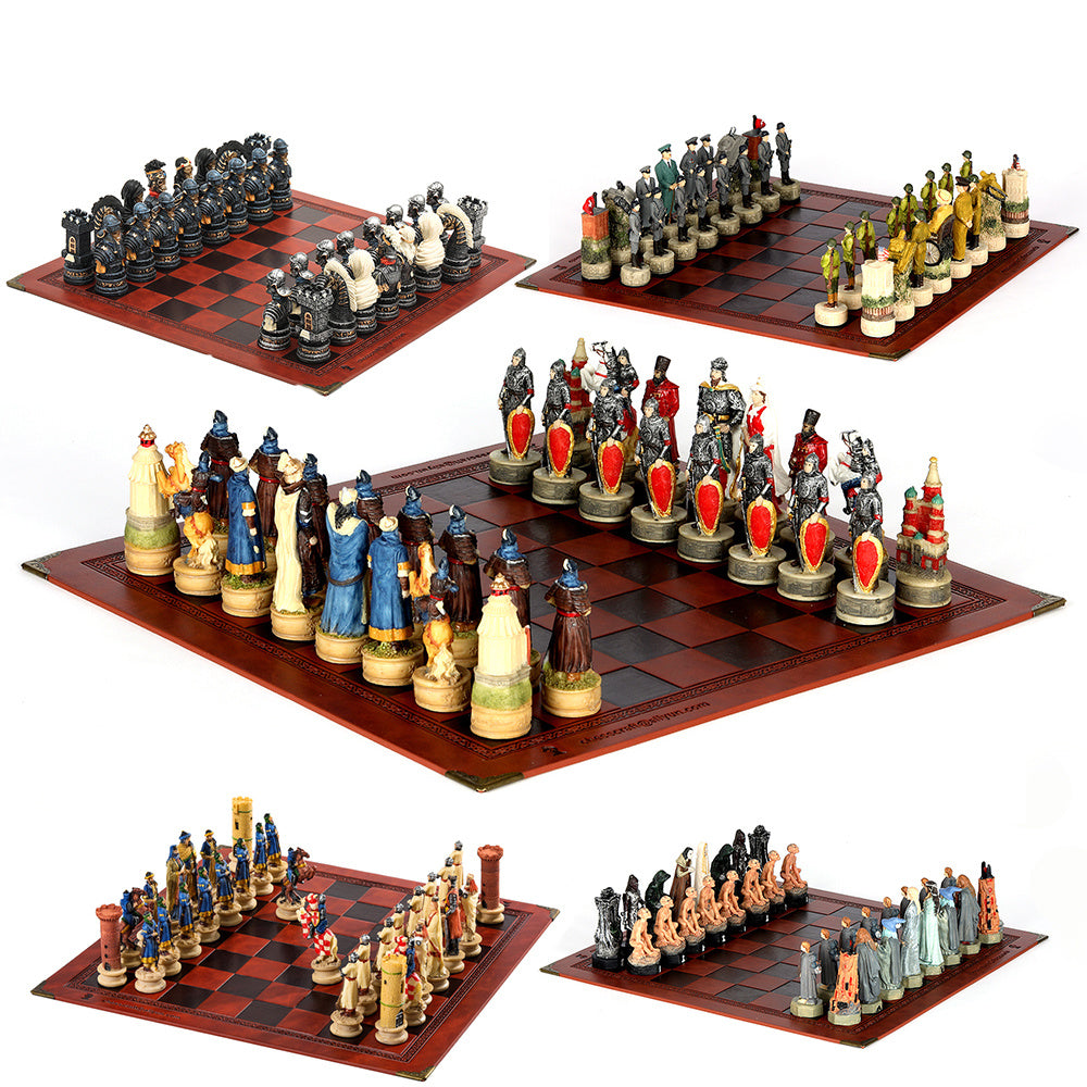 Hand-Carved War Themed Chess Set with Embossed Board