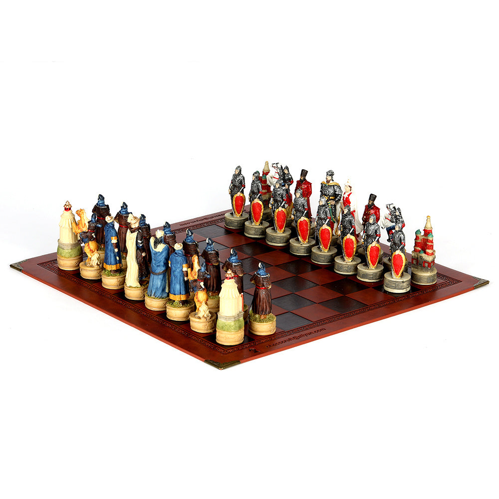 Hand-Carved War Themed Chess Set with Embossed Board
