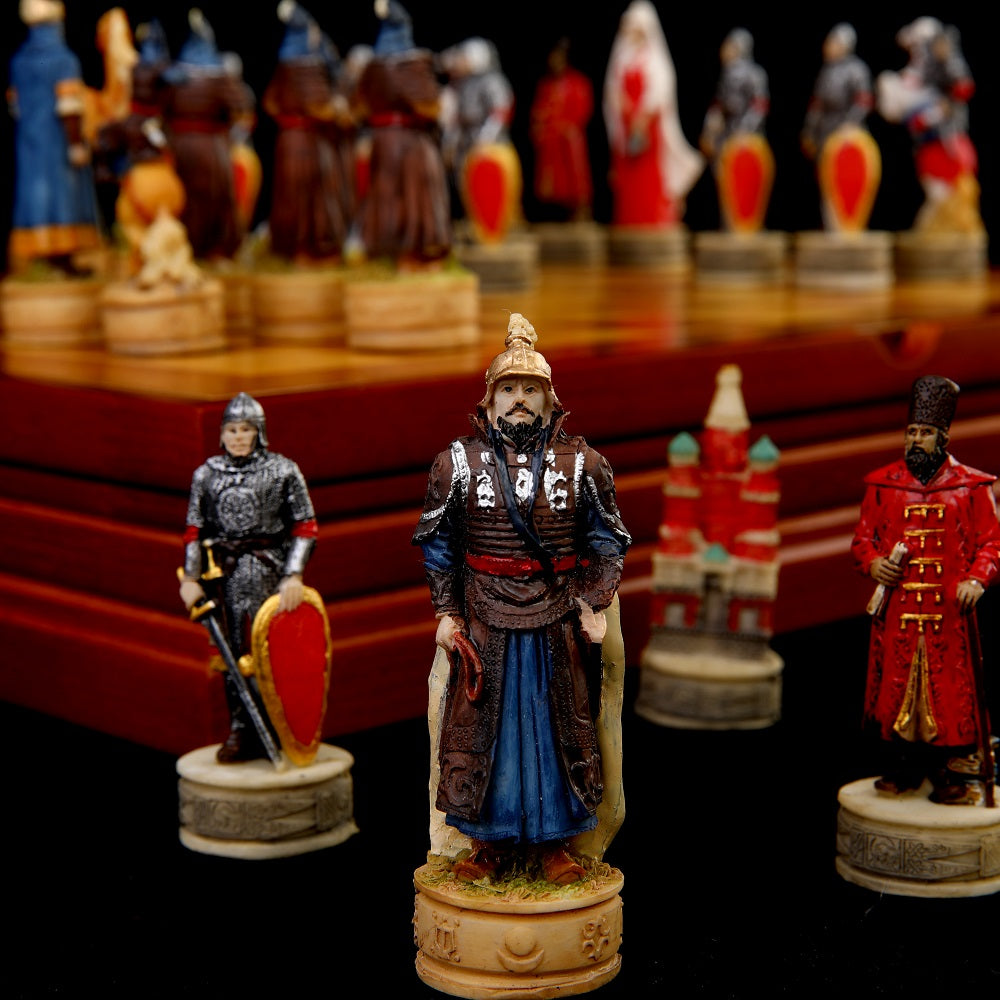 Hand-Carved War Themed Chess Set with Embossed Board