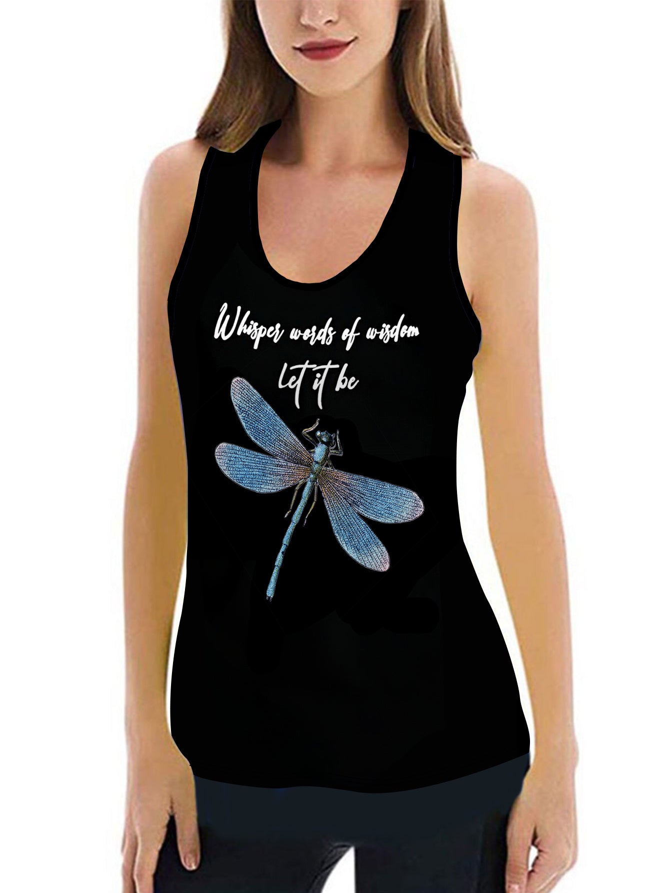 Dragonfly & Slogan Print Tank Top & Leggings Yoga Set