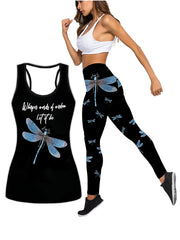 Dragonfly & Slogan Print Tank Top & Leggings Yoga Set