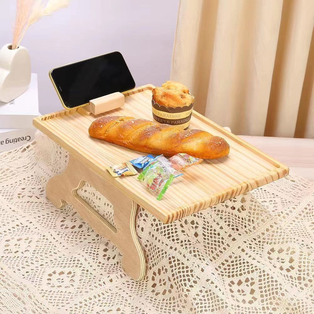 Wooden Sofa Tray with Phone Holder - Non-Slip Armrest Table