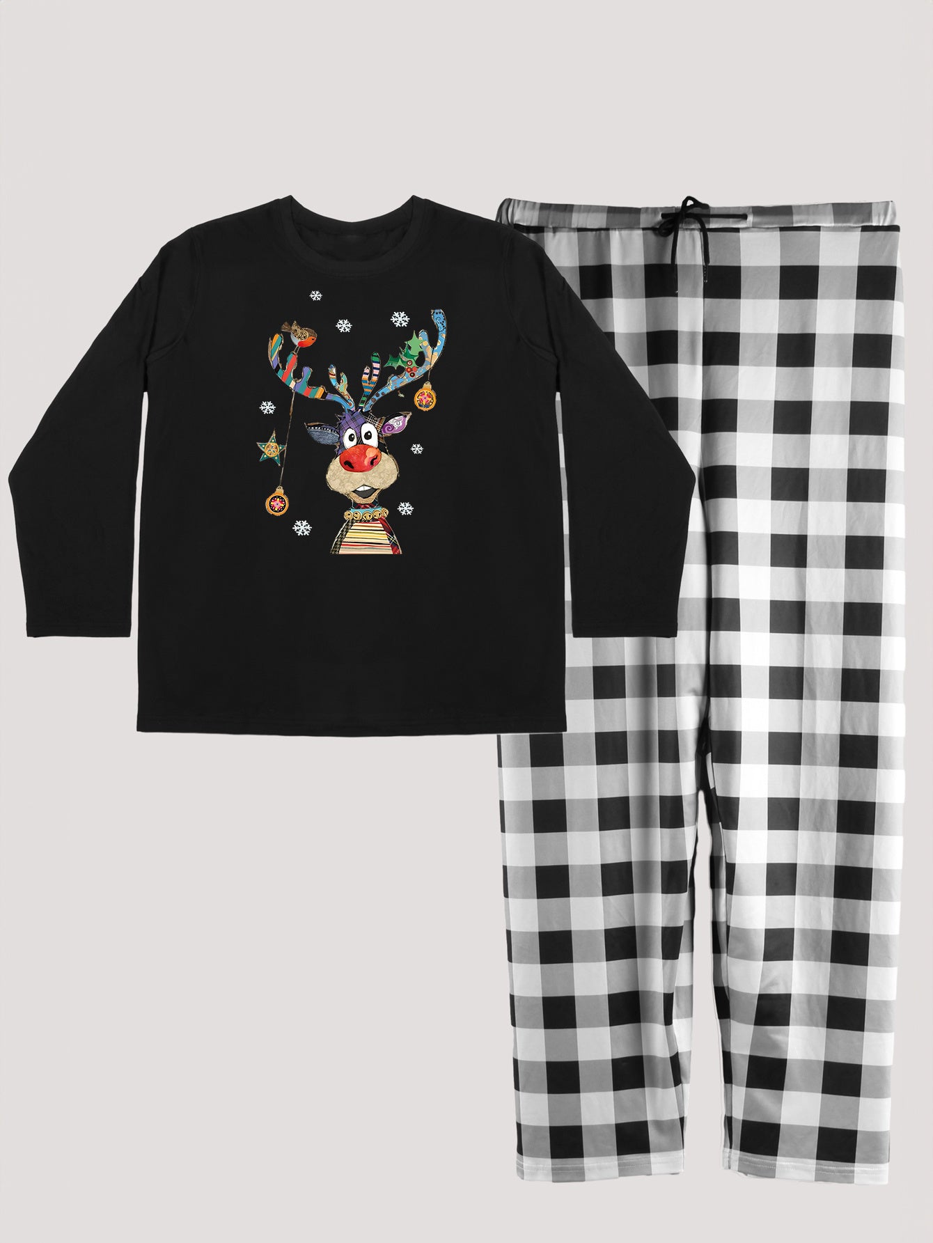 Christmas Pajama Set: Deer & Snowflake Print Tee & Plaid Pants