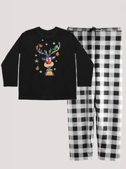 Christmas Pajama Set: Deer & Snowflake Print Tee & Plaid Pants