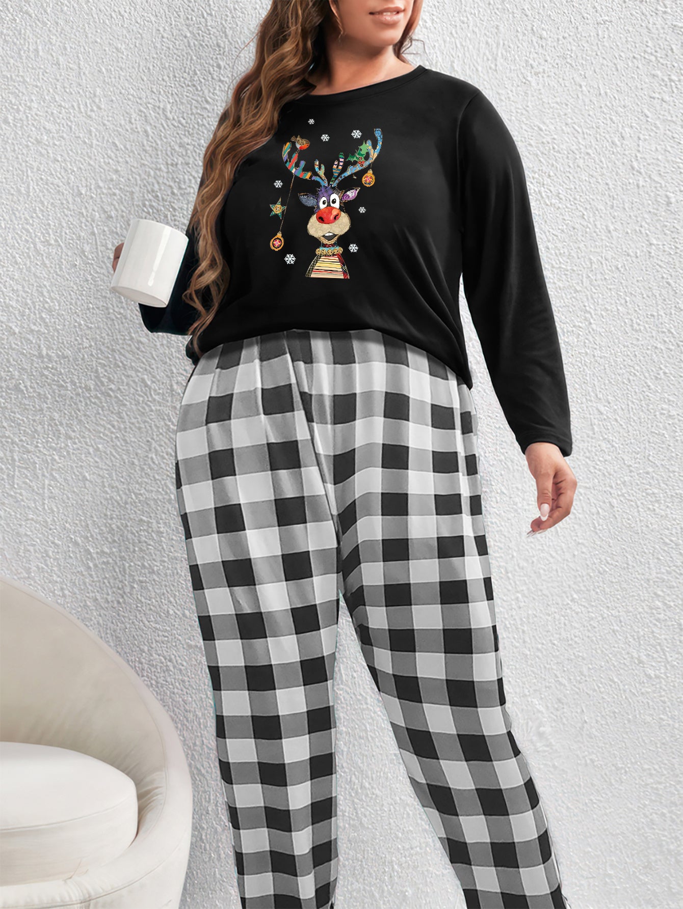 Christmas Pajama Set: Deer & Snowflake Print Tee & Plaid Pants