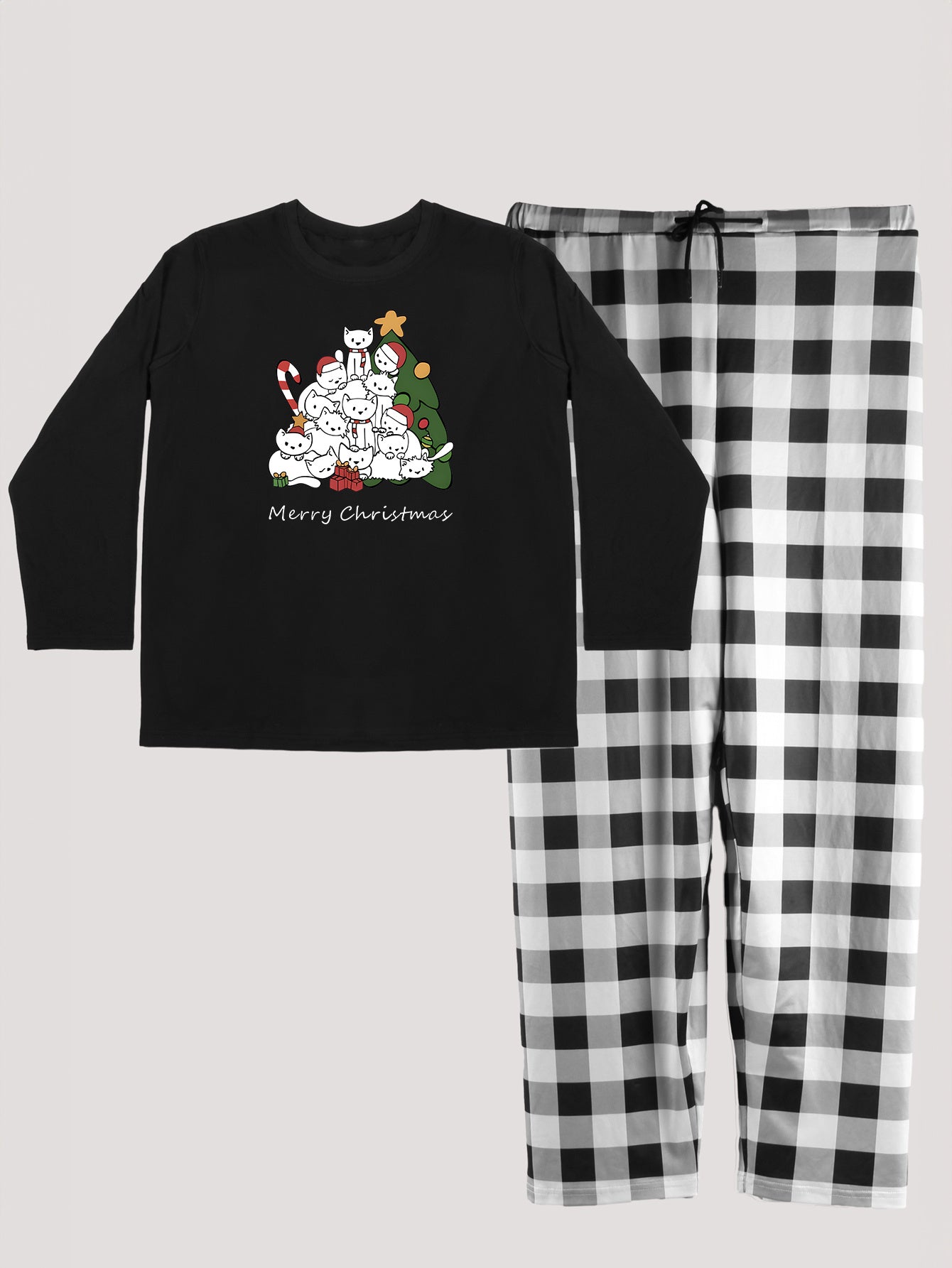 Cats & Christmas Tree Pajama Set Long Sleeve Tee & Plaid Pants