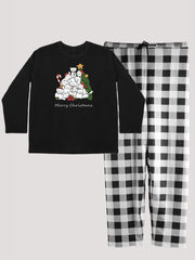 Cats & Christmas Tree Pajama Set Long Sleeve Tee & Plaid Pants
