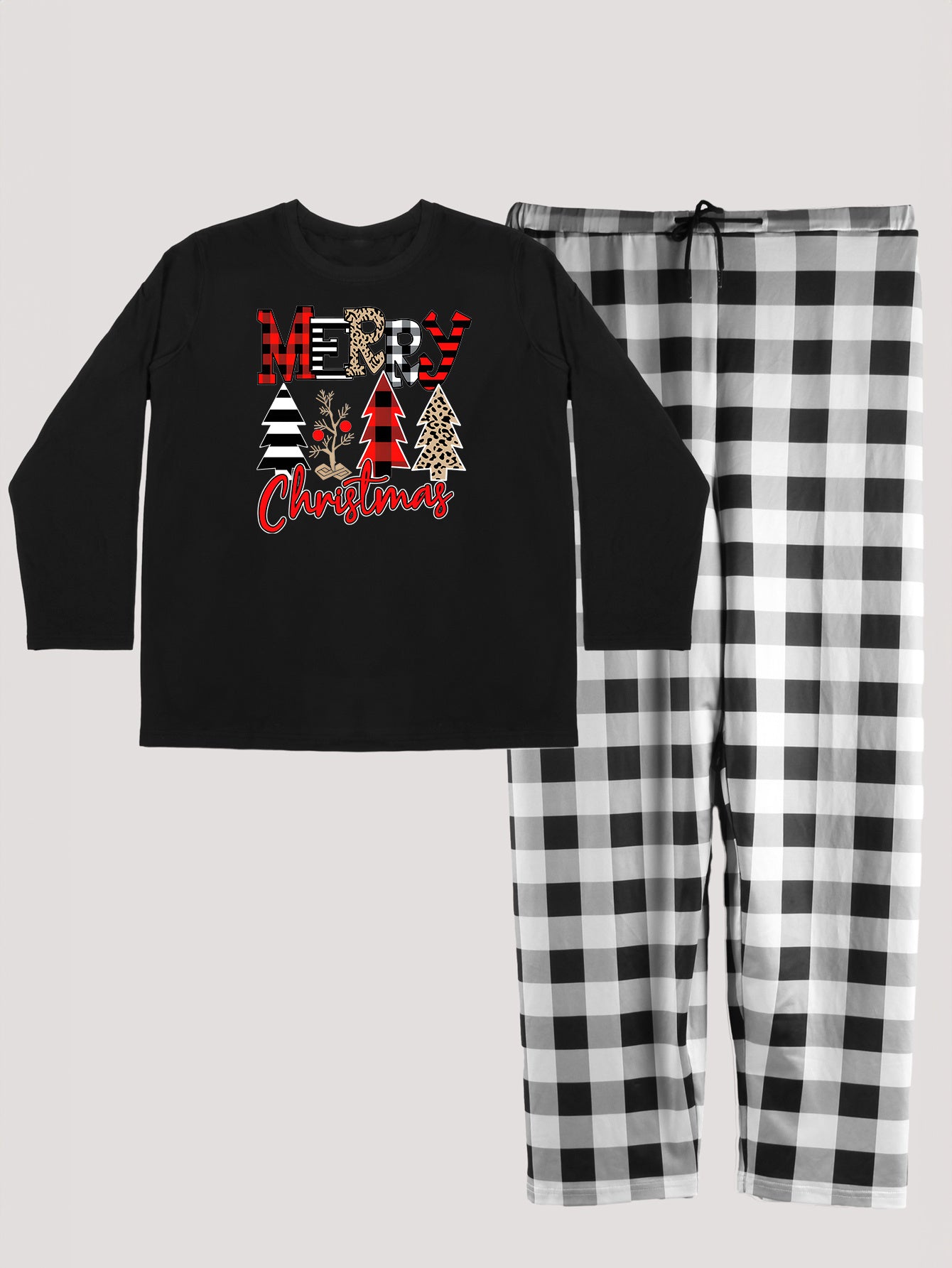 Christmas Pajama Set Leopard Slogan Tee & Plaid Pants Lounge Set