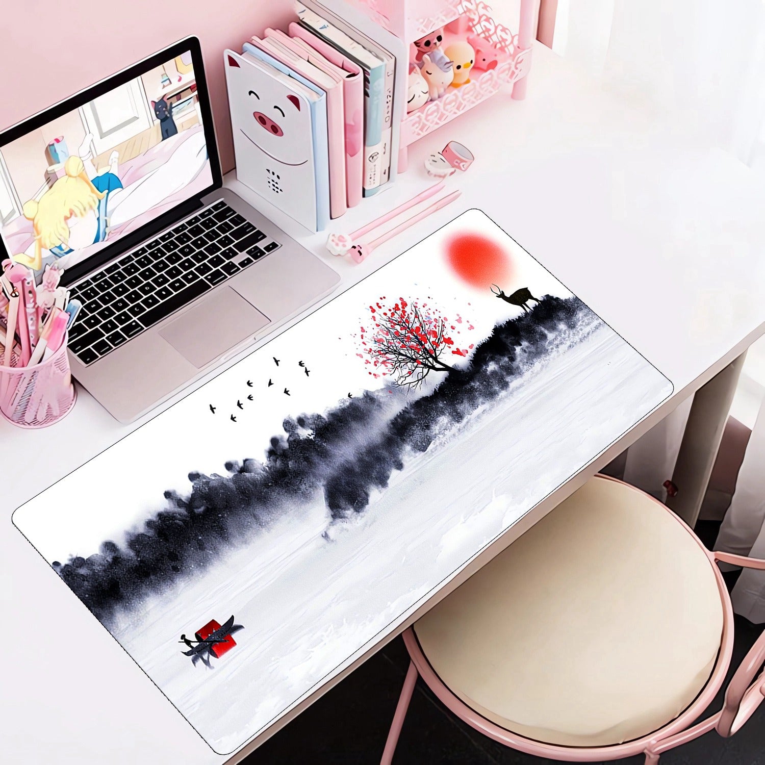 Ink Painting Animation Mouse Pad PU Leather Desk Pad Waterproof Desk Writing Mat
