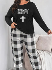 Cross & Letter Print Pajama Set Long Sleeve Tee & Plaid Pants