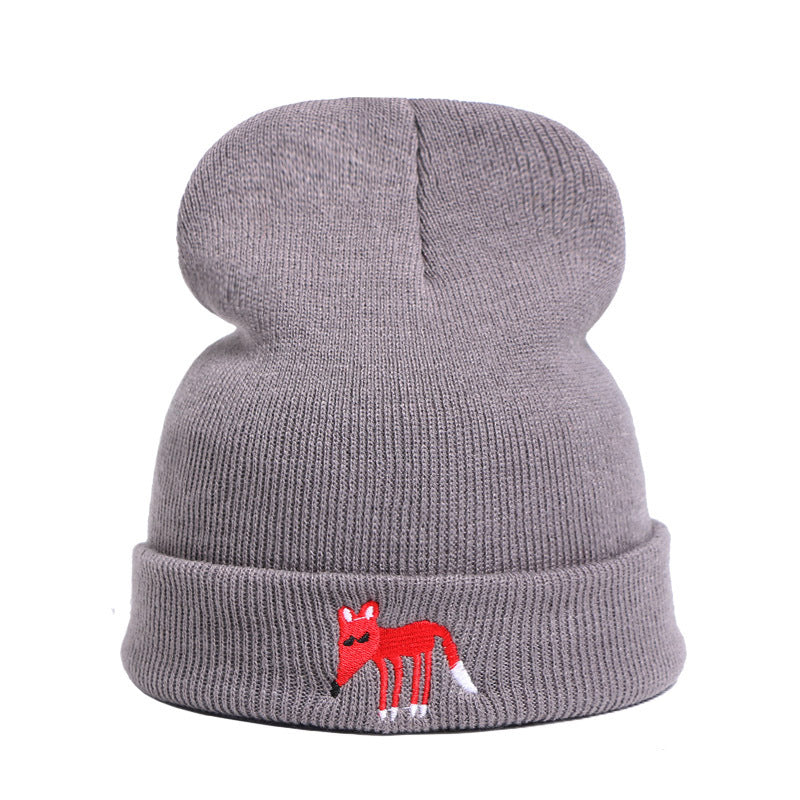 Fox Embroidered Knitted Beanie Hat Winter Pullover Cap