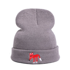 Fox Embroidered Knitted Beanie Hat Winter Pullover Cap