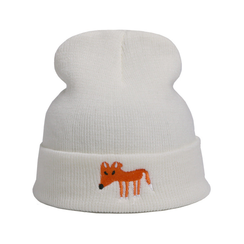 Fox Embroidered Knitted Beanie Hat Winter Pullover Cap