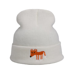 Fox Embroidered Knitted Beanie Hat Winter Pullover Cap