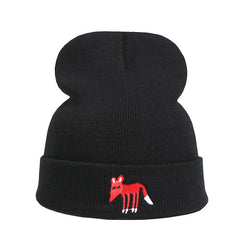 Fox Embroidered Knitted Beanie Hat Winter Pullover Cap