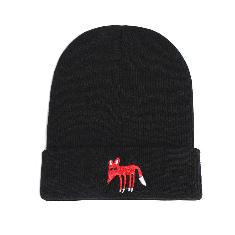 Fox Embroidered Knitted Beanie Hat Winter Pullover Cap