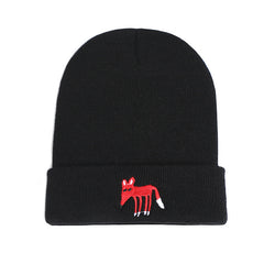 Fox Embroidered Knitted Beanie Hat Winter Pullover Cap