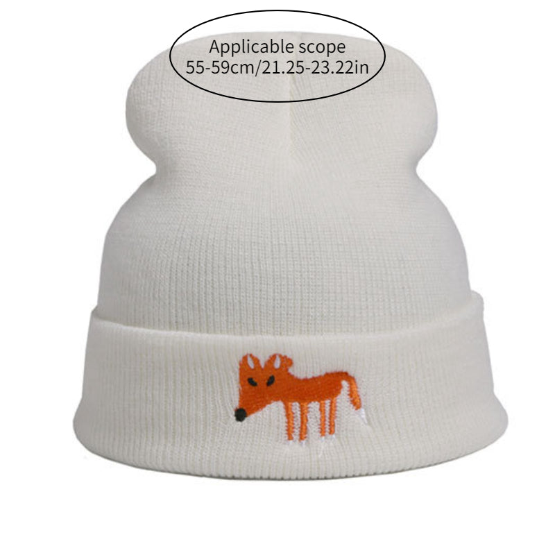 Fox Embroidered Knitted Beanie Hat Winter Pullover Cap