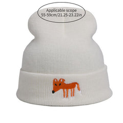 Fox Embroidered Knitted Beanie Hat Winter Pullover Cap