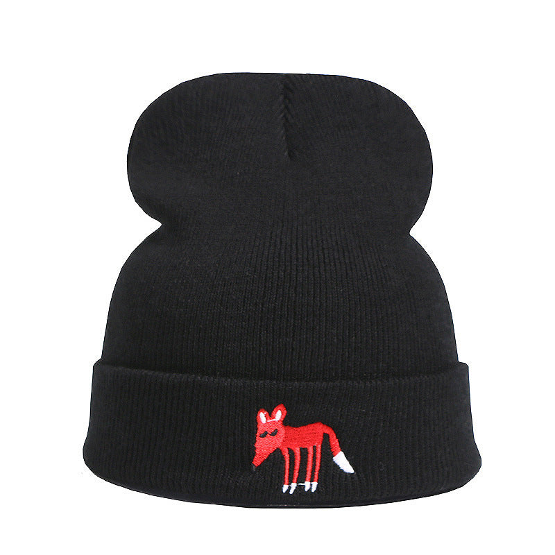 Fox Embroidered Knitted Beanie Hat Winter Pullover Cap