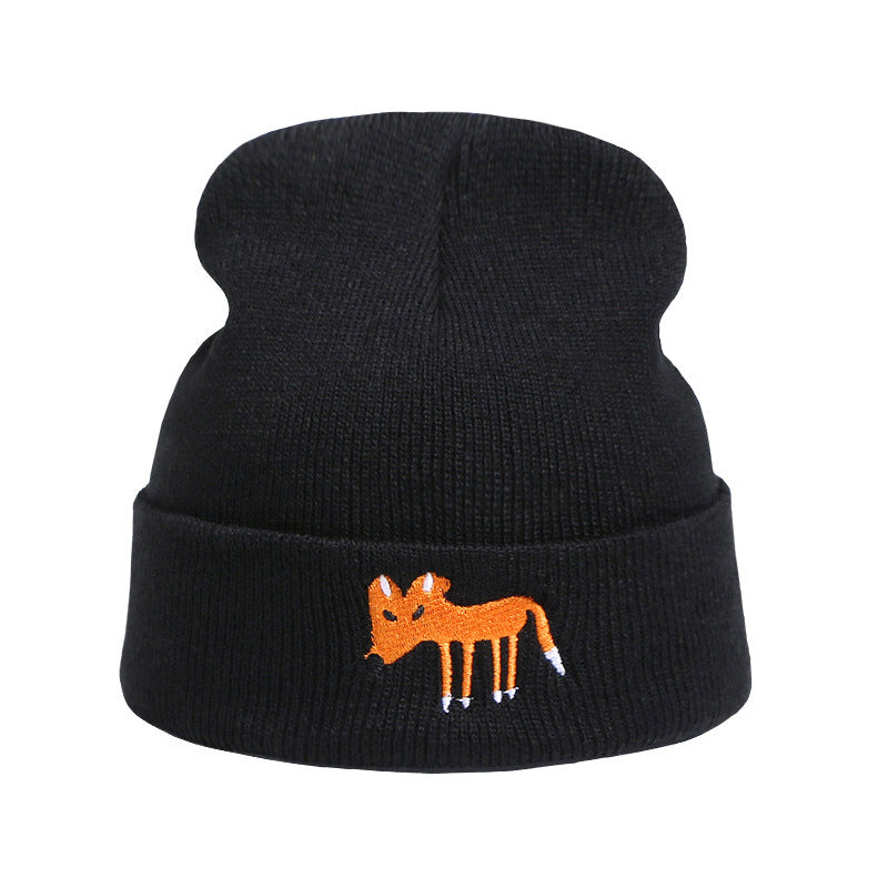 Fox Embroidered Knitted Beanie Hat Winter Pullover Cap