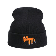 Fox Embroidered Knitted Beanie Hat Winter Pullover Cap