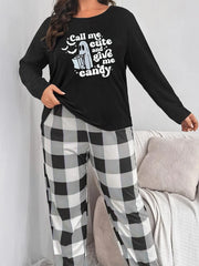 Plus Size Halloween Pajama Set: Ghost & Slogan Print Tee & Plaid Pants