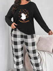 Halloween Pajama Set Women's Ghost & Candy Print Tee & Plaid Pants