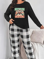 Christmas Pajama Set Gamepad & Letter Print Tee & Plaid Pants