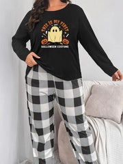 Halloween Pajama Set Women's Plus Ghost & Pumpkin Print Tee & Plaid