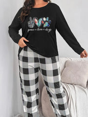 Plus Size Heart Graphic Pajama Set Round Neck Tee & Plaid Pants Two Piece Lounge