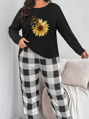 Sunflower & Butterfly Pajama Set Long Sleeve Tee & Plaid Pants
