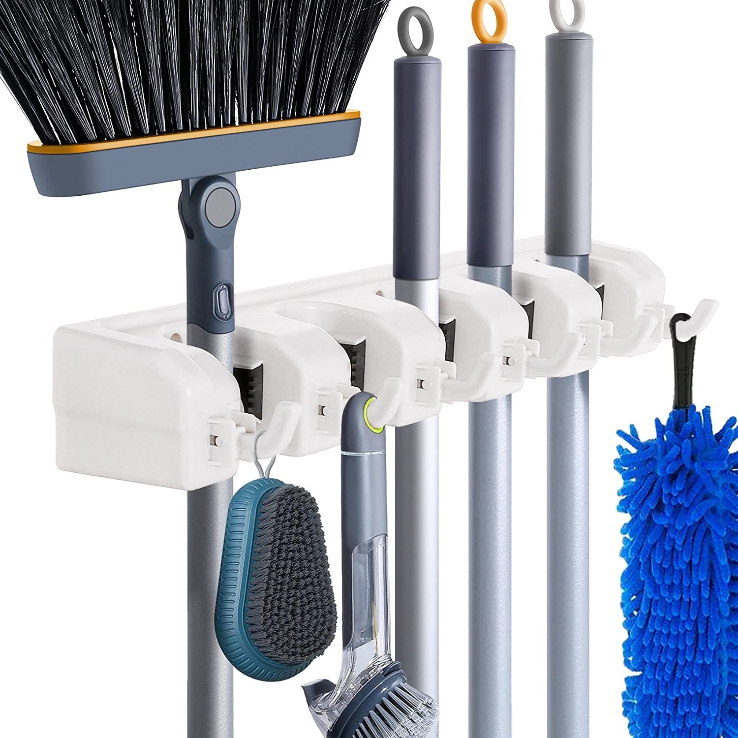Broom Holder Wall Mount Organizer 5 Slots & 6 Hooks