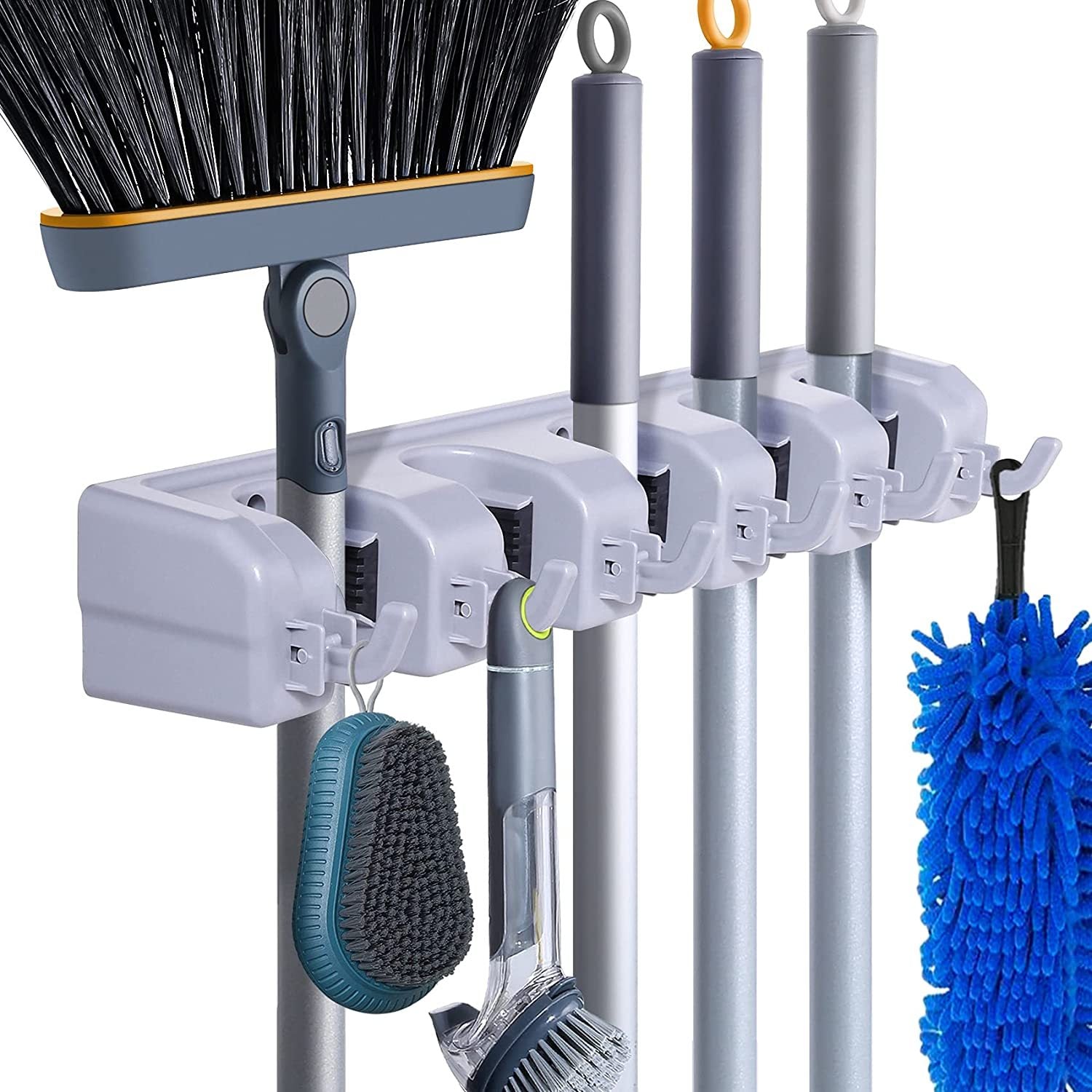 Broom Holder Wall Mount Organizer 5 Slots & 6 Hooks