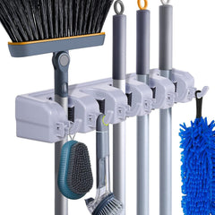 Broom Holder Wall Mount Organizer 5 Slots & 6 Hooks