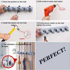 Broom Holder Wall Mount Organizer 5 Slots & 6 Hooks