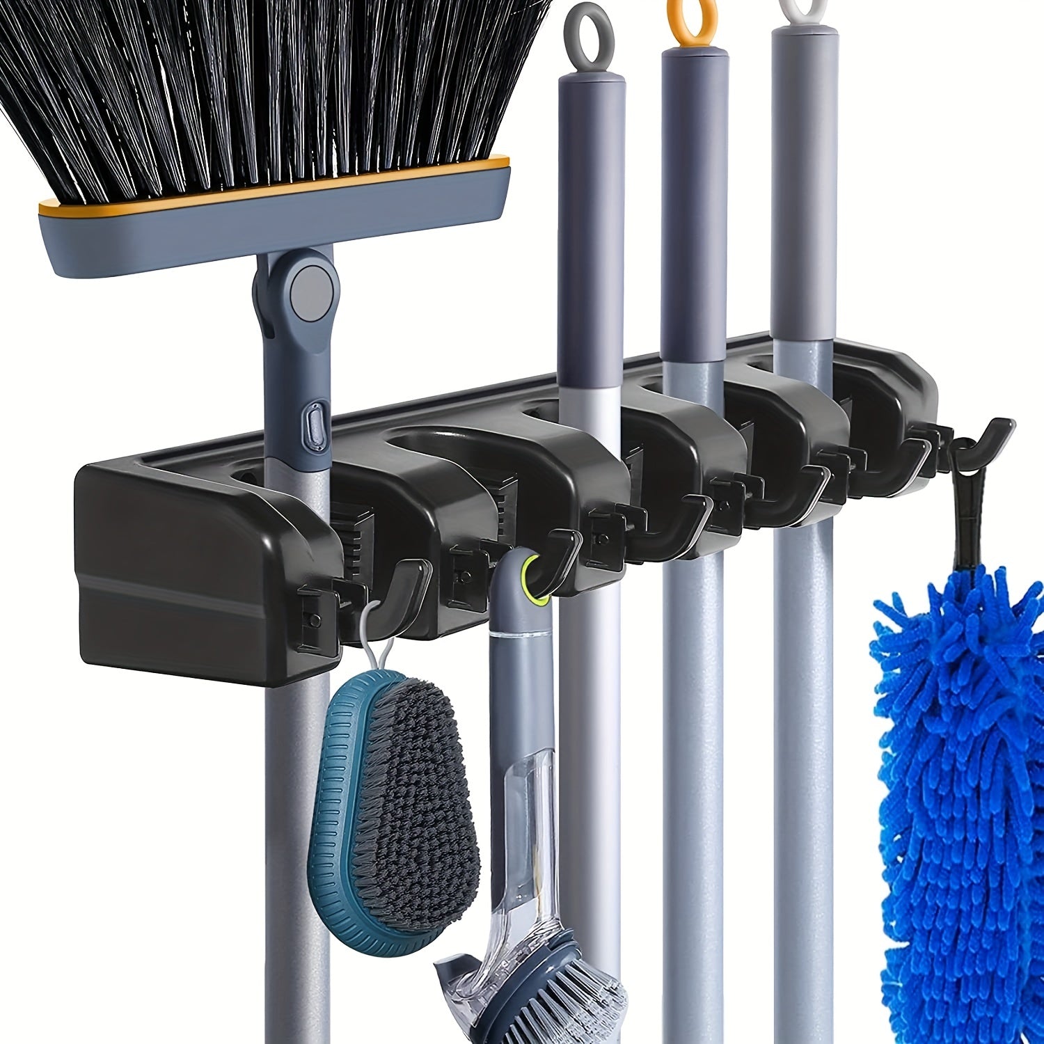 Broom Holder Wall Mount Organizer 5 Slots & 6 Hooks