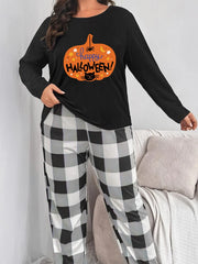 Halloween Pajama Set Women's Spider & Cat Print Top & Plaid Pants