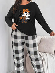 Halloween Casual Pajama Set Ghost & Bat Print Tee & Plaid Pants Set