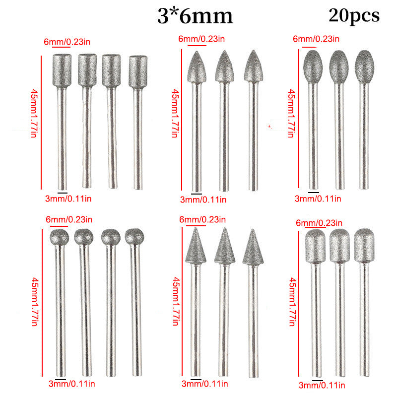 20pcs Diamond Grinding Heads Mini Bit Rotary Drill Tool Burrs 3mm Shank