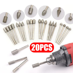 20pcs Diamond Grinding Heads Mini Bit Rotary Drill Tool Burrs 3mm Shank