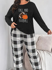 Football & Pumpkin Print Tee & Plaid Pants Lounge Set
