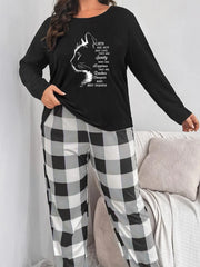 Cat Print Pajama Set: Top & Plaid Pants