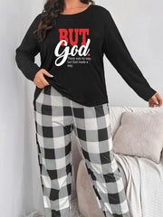 Slogan Print Tee & Plaid Pants Lounge Set